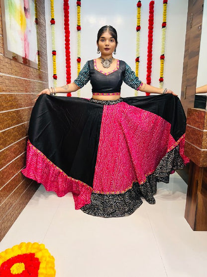 Rajwadi Bandhani Printed Pure Cotton Silk With Gamthi Lace Work Navratri Lehenga Choli