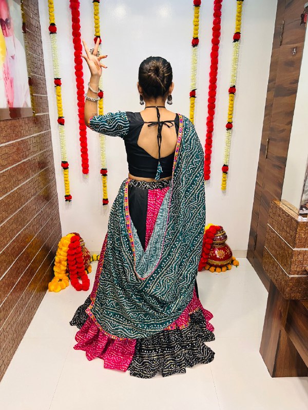 Rajwadi Bandhani Printed Pure Cotton Silk With Gamthi Lace Work Navratri Lehenga Choli