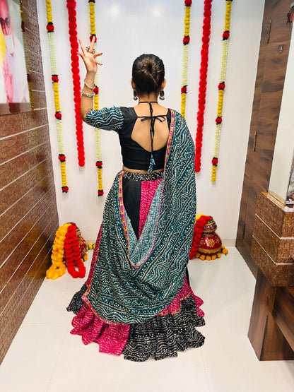 Rajwadi Bandhani Printed Pure Cotton Silk With Gamthi Lace Work Navratri Lehenga Choli
