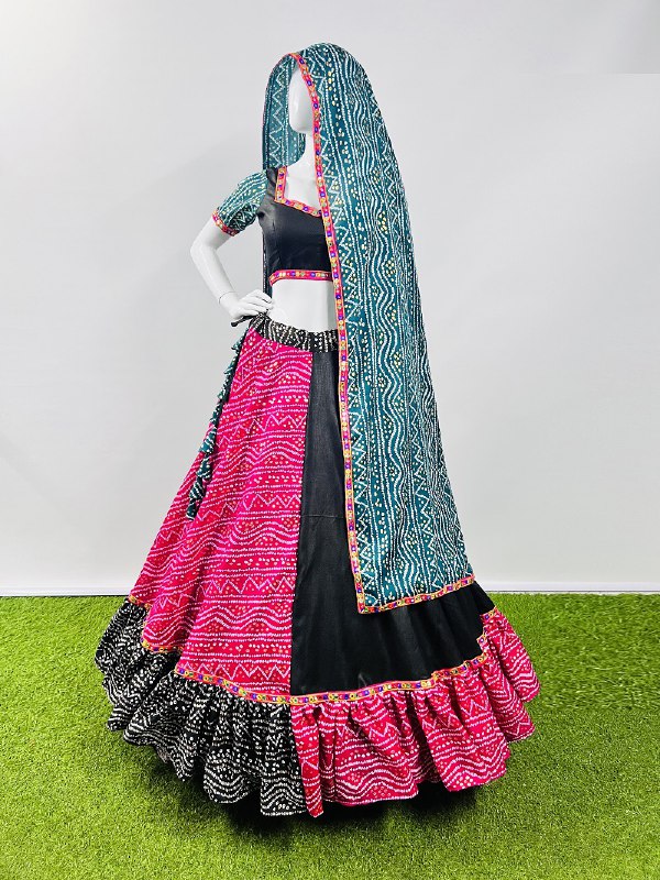 Rajwadi Bandhani Printed Pure Cotton Silk With Gamthi Lace Work Navratri Lehenga Choli