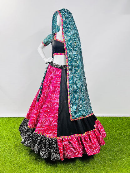 Rajwadi Bandhani Printed Pure Cotton Silk With Gamthi Lace Work Navratri Lehenga Choli