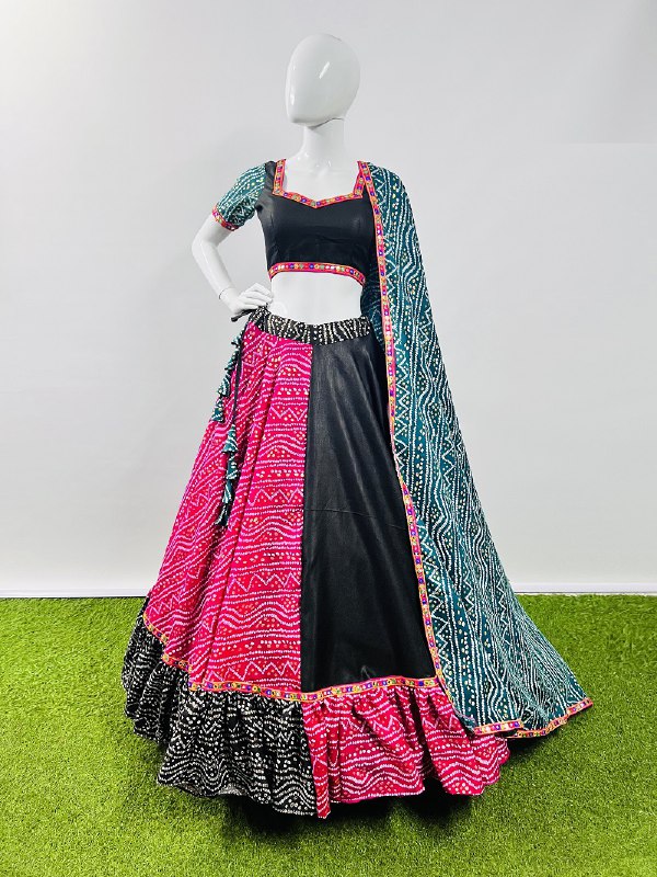 Rajwadi Bandhani Printed Pure Cotton Silk With Gamthi Lace Work Navratri Lehenga Choli