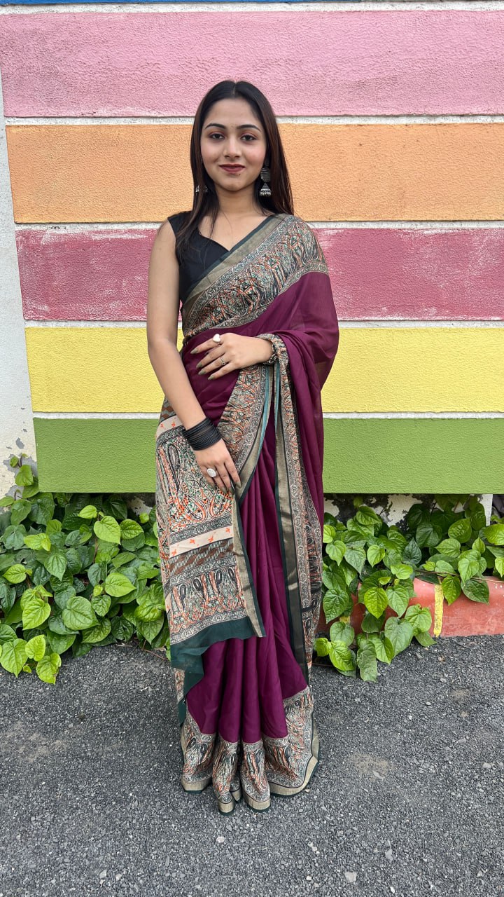 Wine Soft Mal Mal Cotton Elegant Contrast Woven Border Saree