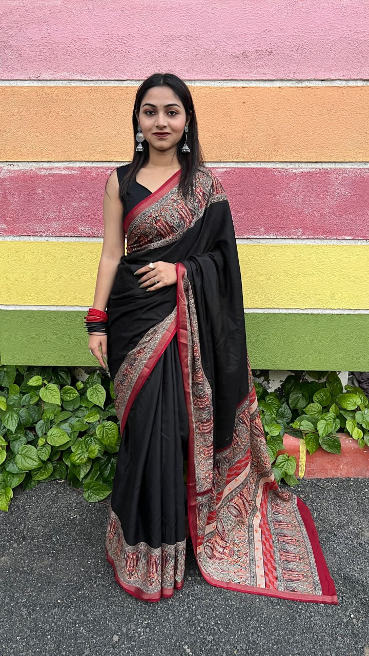 Black Soft Mal Mal Cotton Elegant Contrast Woven Border Saree