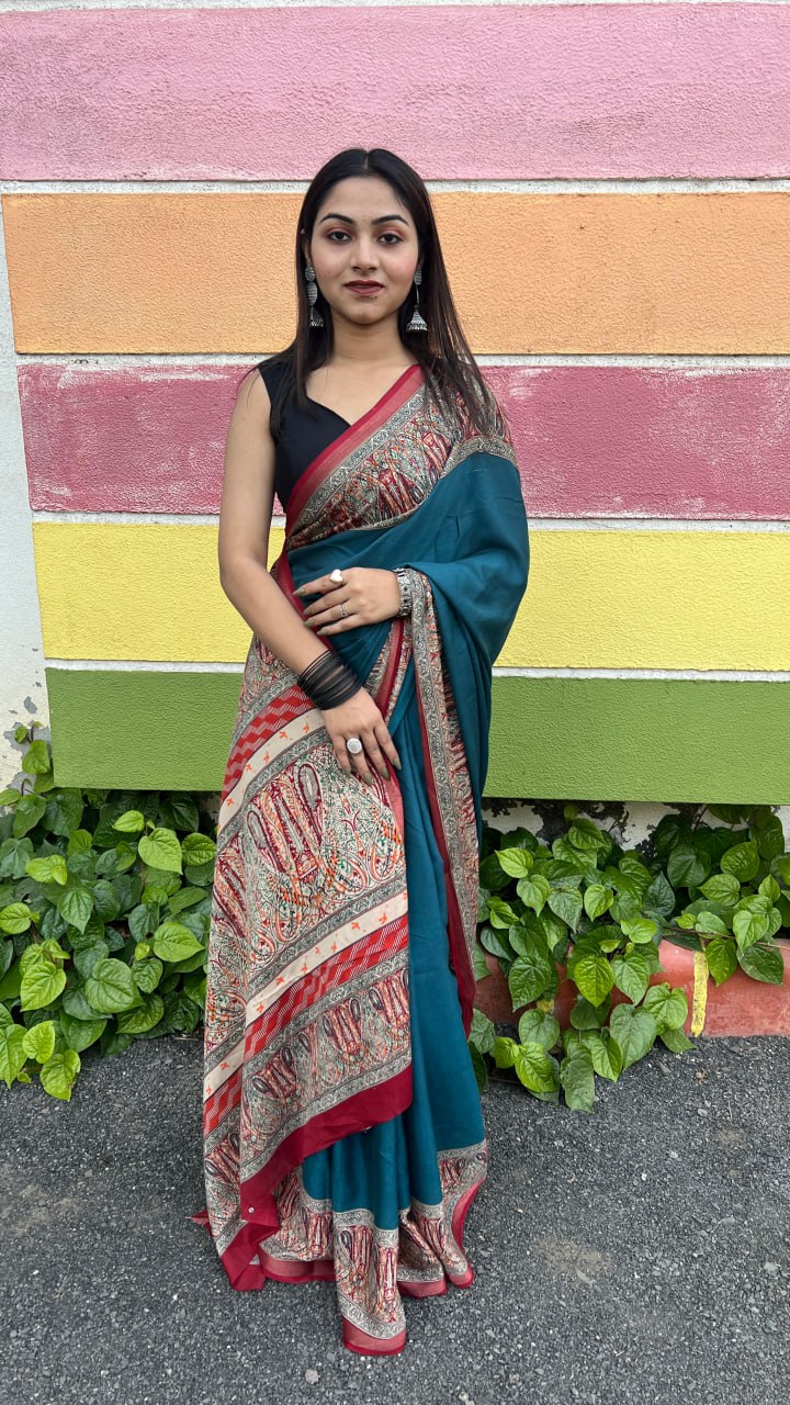 Rama Soft Mal Mal Cotton Elegant Contrast Woven Border Saree