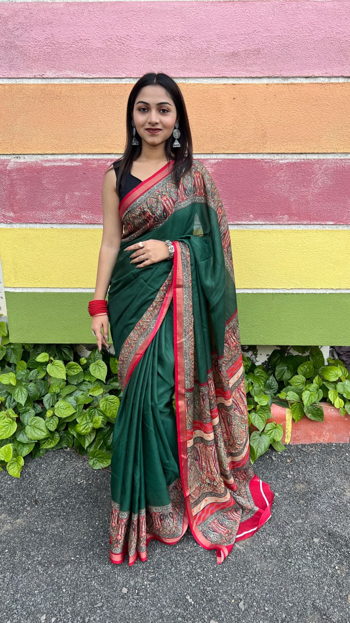 Green Soft Mal Mal Cotton Elegant Contrast Woven Border Saree