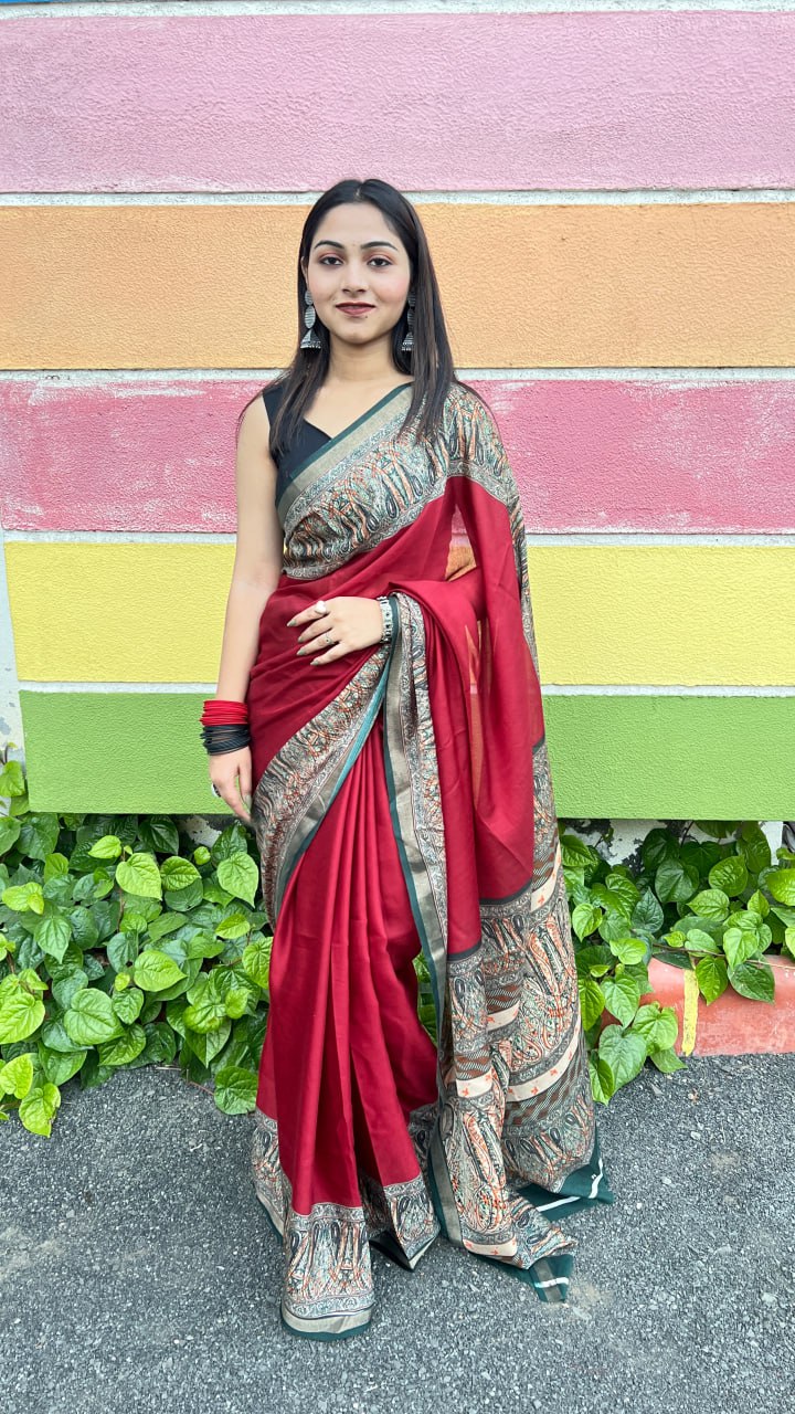 Maroon Soft Mal Mal Cotton Elegant Contrast Woven Border Saree