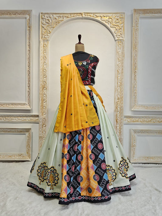 Yellow Beautiful Digital Print Real Mirror Work Navratri Lehenga Choli