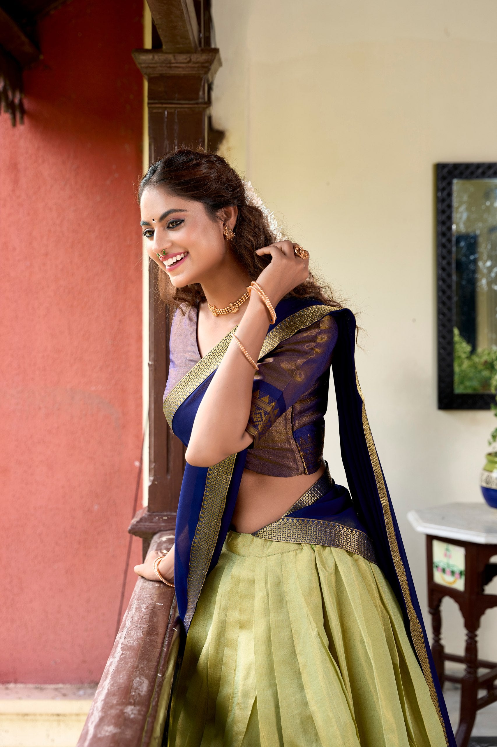 Pista Kanchipuram Zari Weaving Work Stitch With Canvas Lehenga