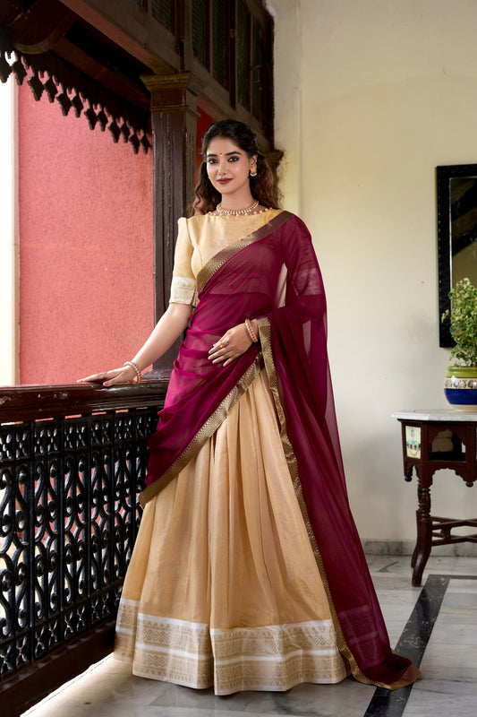 Cream Kanchipuram Zari Weaving Work Stitch With Canvas Lehenga