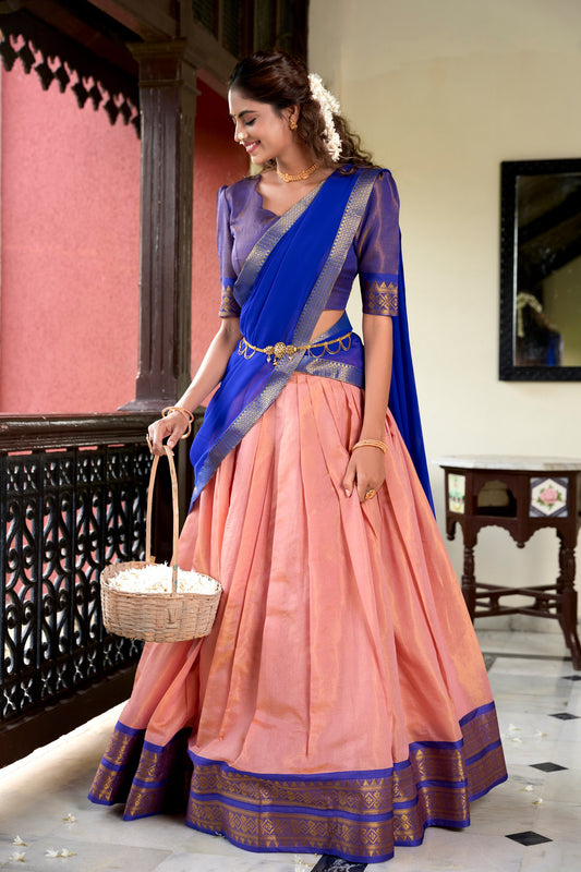 Peach Kanchipuram Zari Weaving Work Stitch With Canvas Lehenga