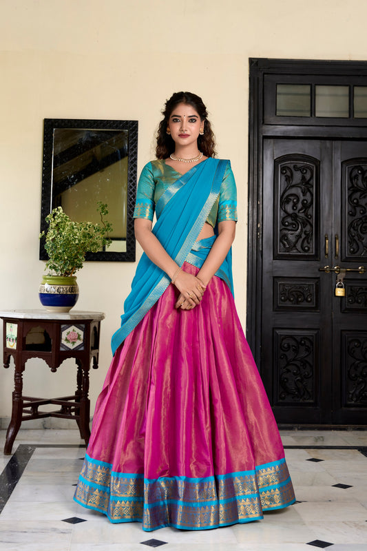 Pink Kanchipuram Zari Weaving Work Stitch With Canvas Lehenga