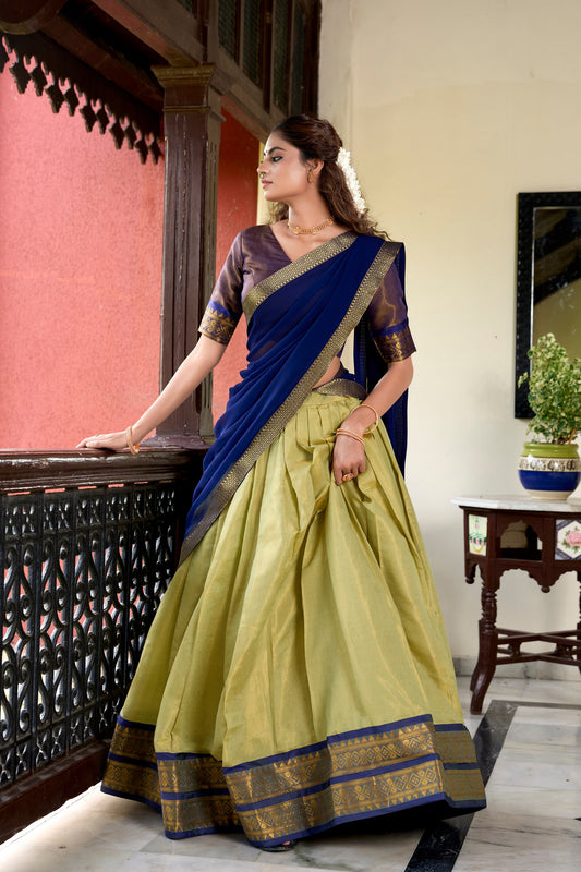 Pista Kanchipuram Zari Weaving Work Stitch With Canvas Lehenga