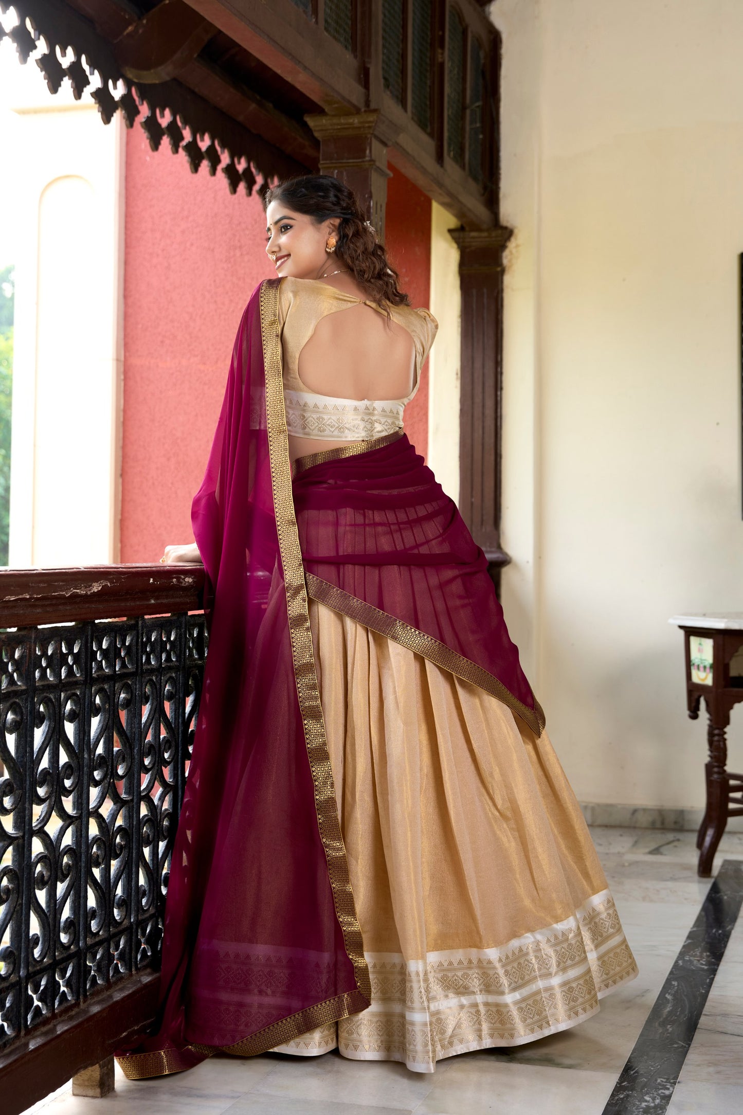 Cream Kanchipuram Zari Weaving Work Stitch With Canvas Lehenga