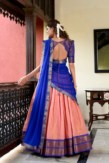 Peach Kanchipuram Zari Weaving Work Stitch With Canvas Lehenga