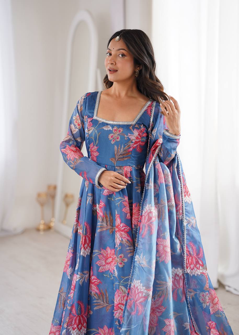 Dusty Blue Pure Soft Organza Floral Print Anarkali Suit with Silver Lace Neck