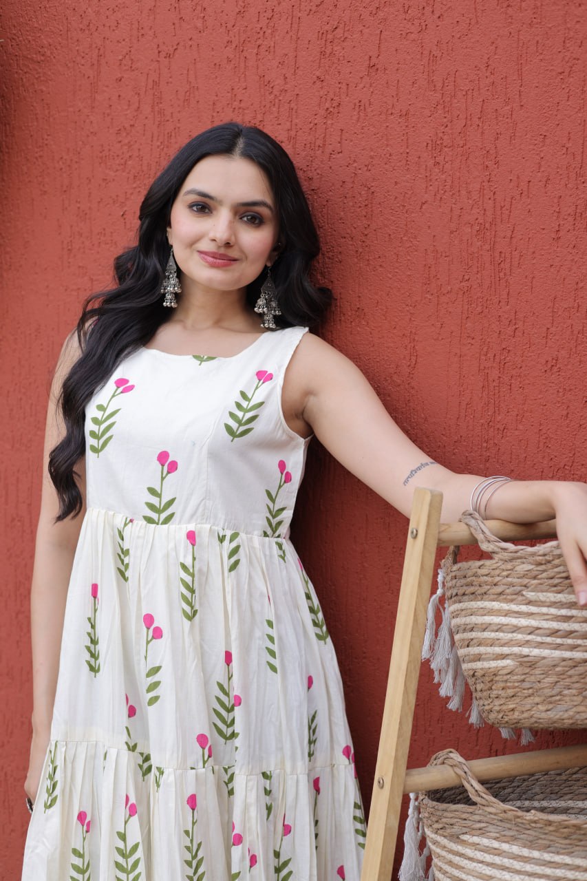 White Green Printed Cotton Frill Pattern Fancy Round Neck Gown