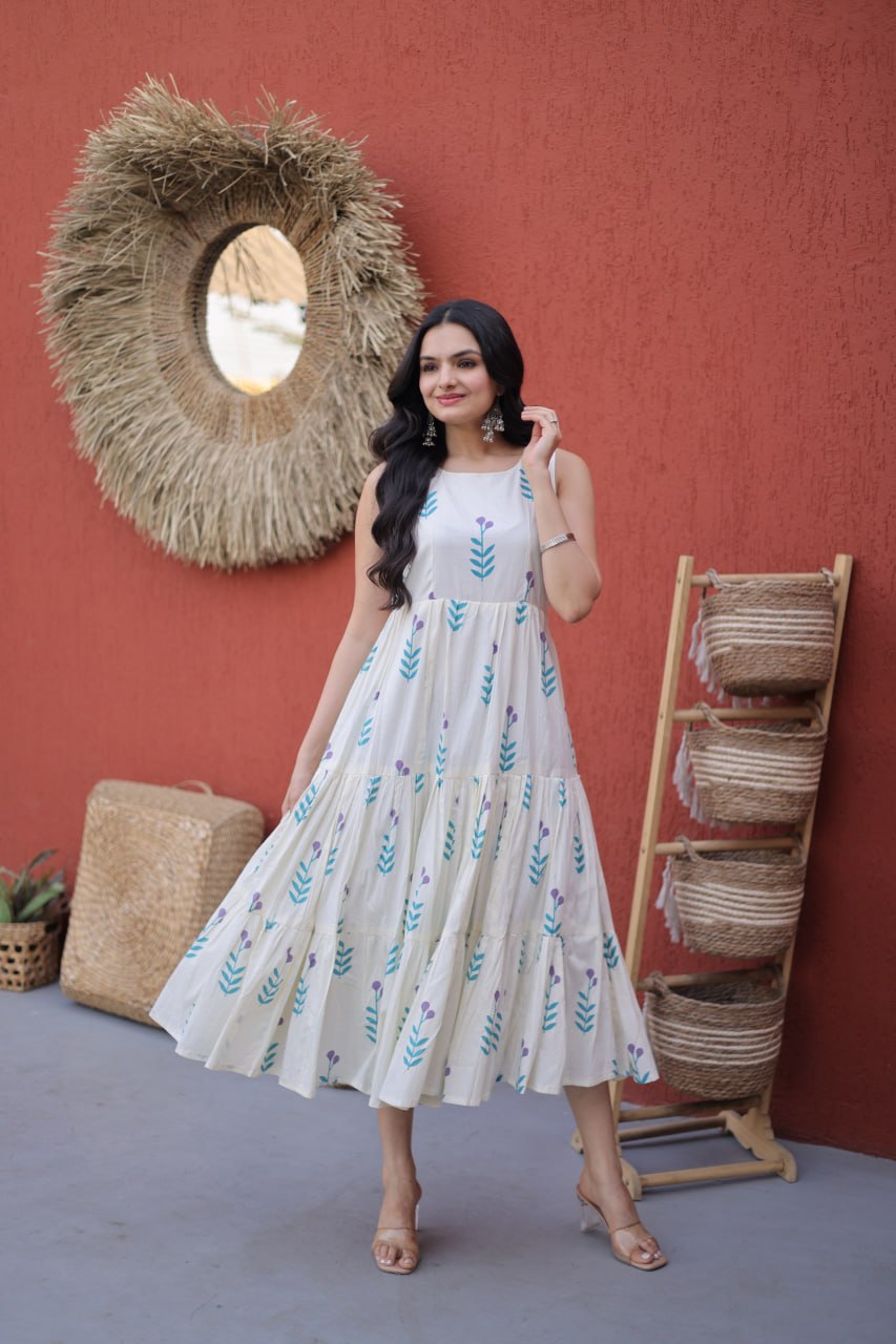 White Blue Printed Cotton Frill Pattern Fancy Round Neck Gown