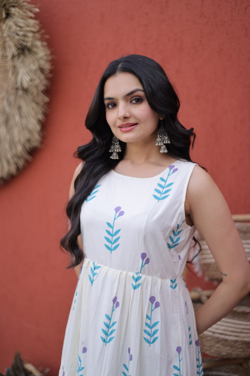 White Blue Printed Cotton Frill Pattern Fancy Round Neck Gown