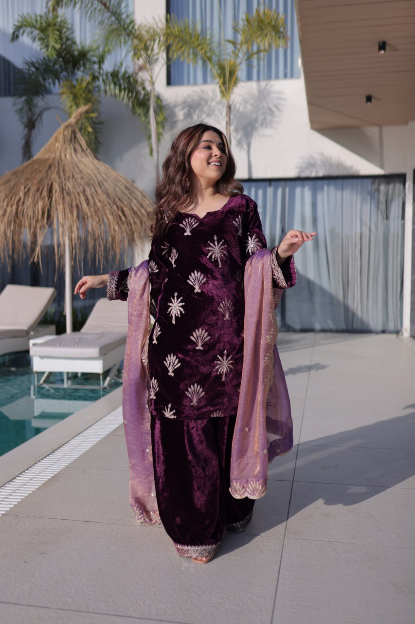 Wine Ice Velvet With Rich Zari Embroidered Work Sharara Palazzo
