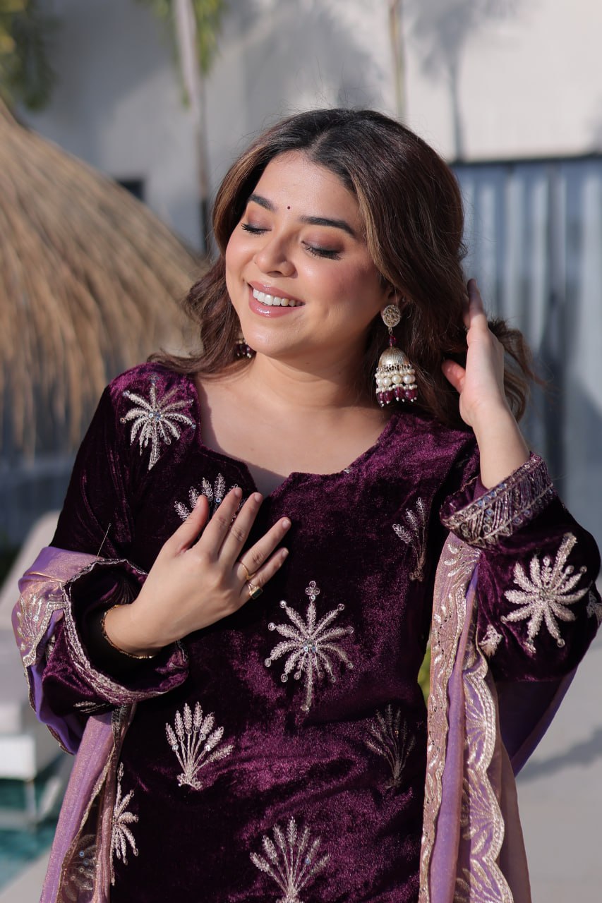 Wine Ice Velvet With Rich Zari Embroidered Work Sharara Palazzo
