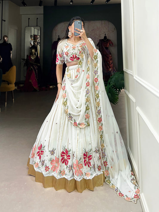 White Georgette Sequins And Thread Embroidery Work Lehenga