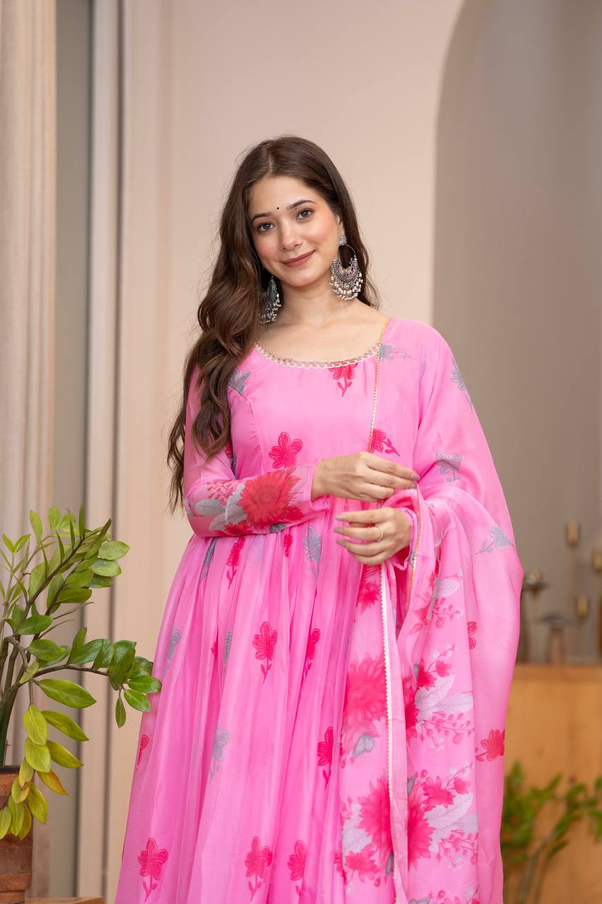 Pink Pure Soft Organza Floral Print Umbrella Suit with Designer Lace