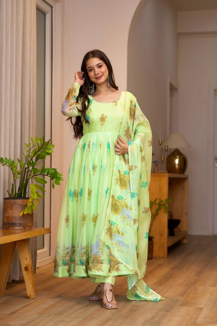 Parrot Green Pure Soft Organza Floral Print Umbrella Suit with designer lace neckline by The Beauty Queen Surat.