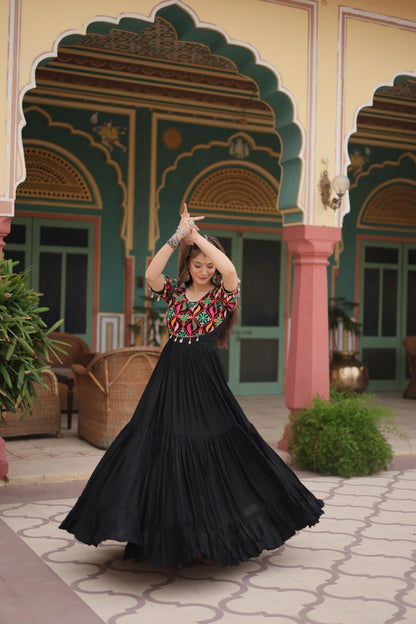 Black Reyon With Kutchi Gamthi Kodi Work Navratri Gown