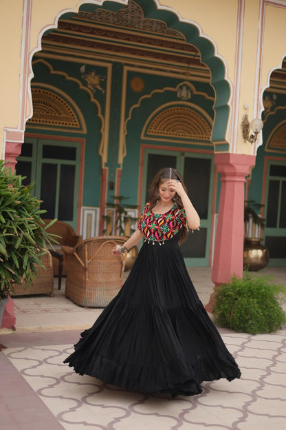 Black Reyon With Kutchi Gamthi Kodi Work Navratri Gown