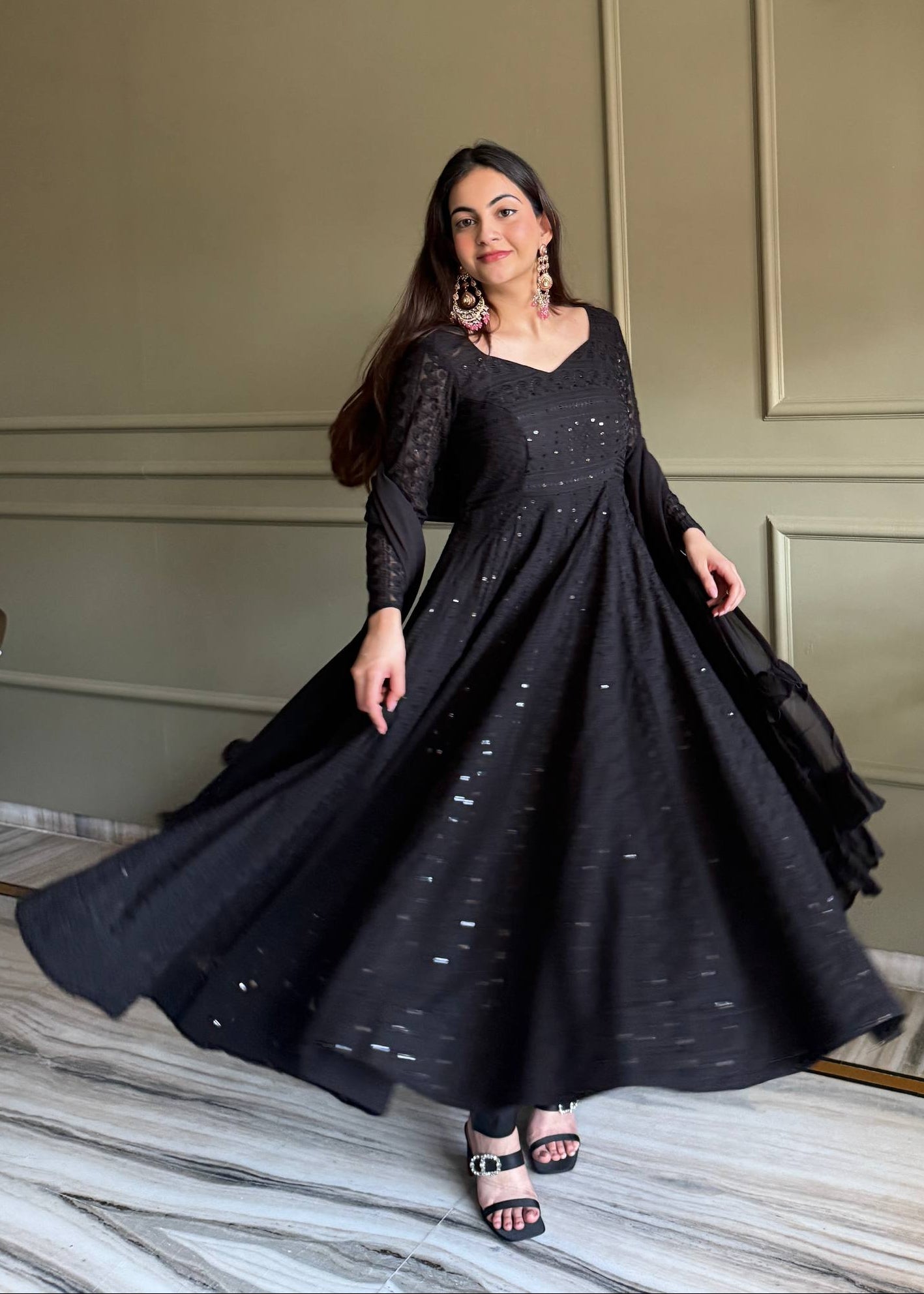 Black Pure Soft Fox Georgette Lukhnowi Sequence Work