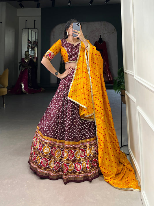 Wine Tussar Silk Bandhej And Patola Print With Foil Work Lehenga