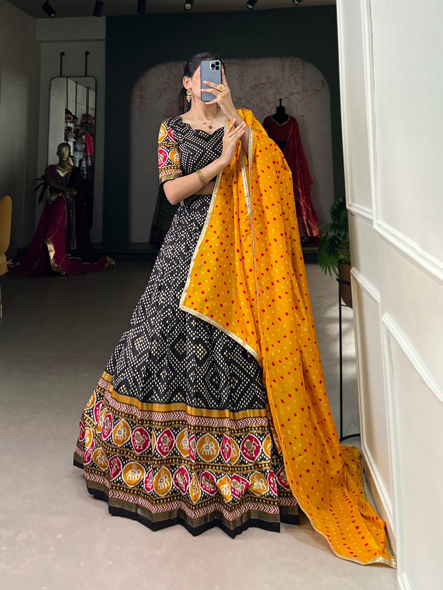 Black Tussar Silk Bandhej And Patola Print With Foil Work Lehenga