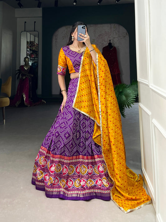 Purple Tussar Silk Bandhej And Patola Print With Foil Work Lehenga