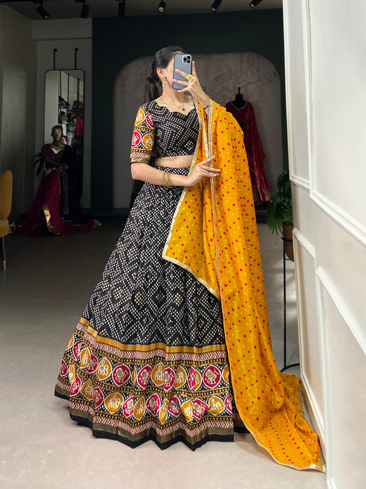 Black Tussar Silk Bandhej And Patola Print With Foil Work Lehenga