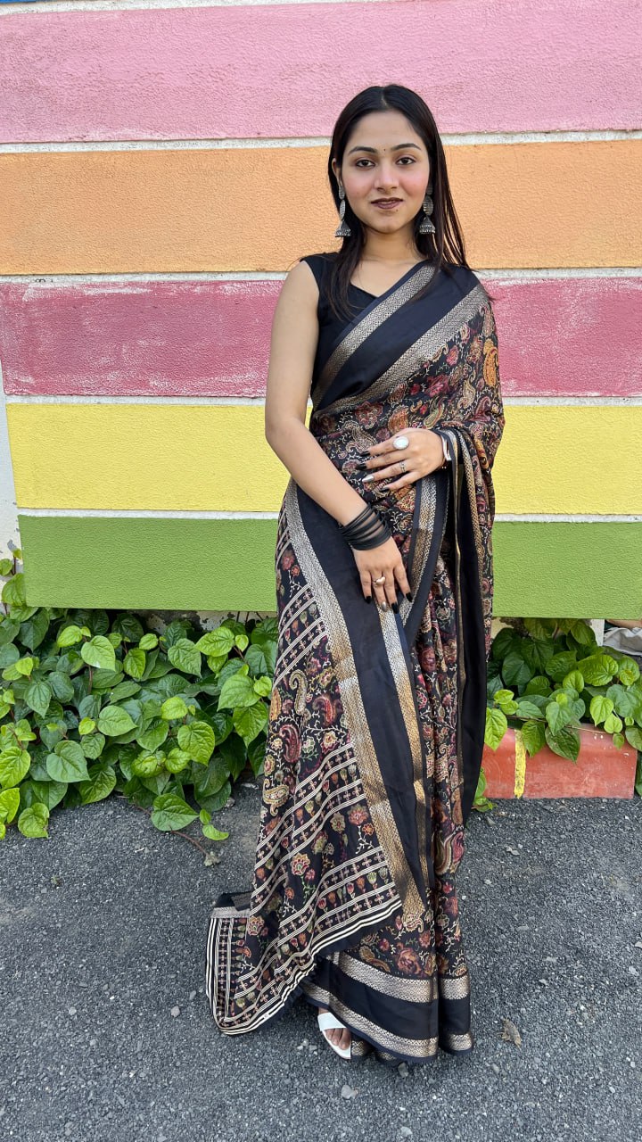 Black Premium Marshmallow Rich Zari Border Saree Saree