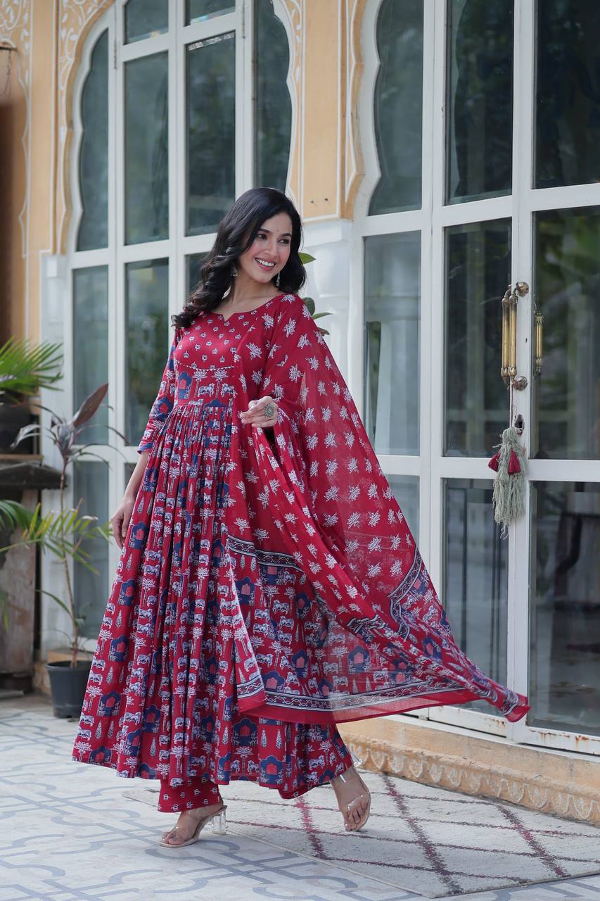 Pink Pure Cotton Readymade Kurti With Pant Dupatta Set