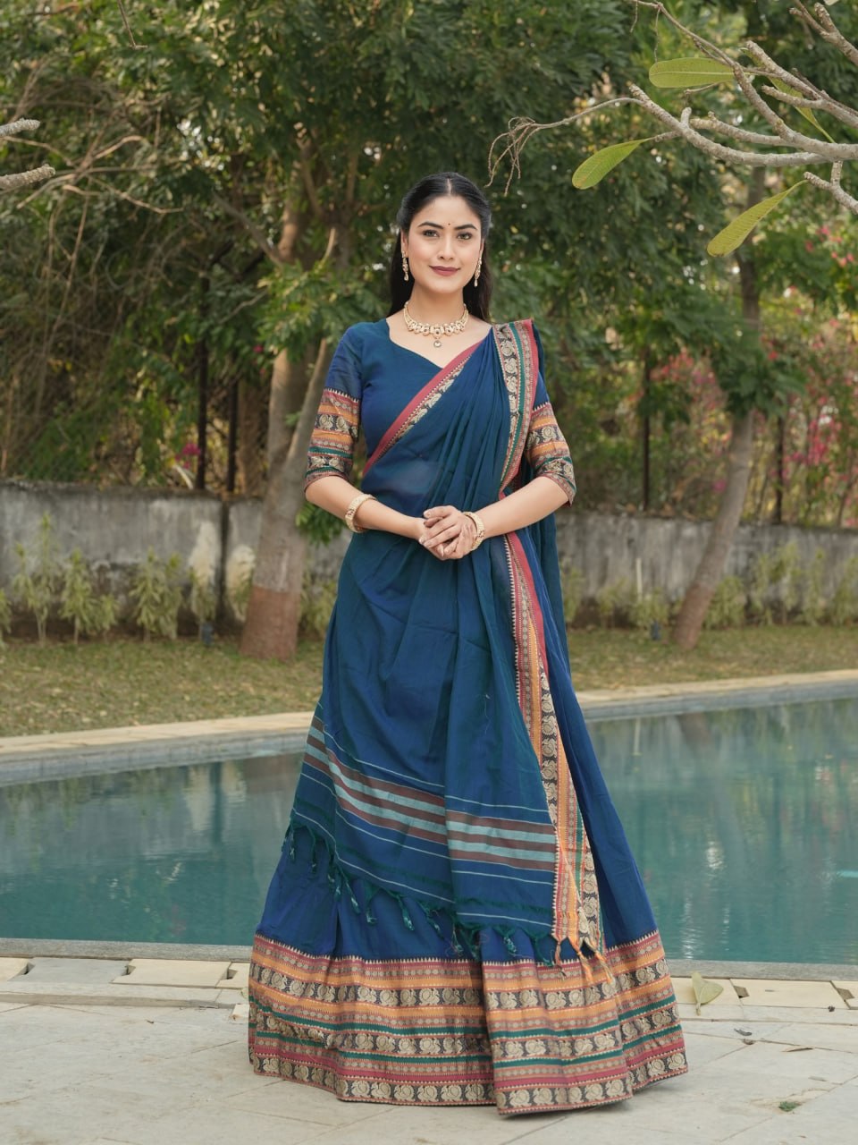 Peacock Rama Pure Cotton Hand Weaving Chanderi Cotton Lehenga with Broad Border by The Beauty Queen Surat