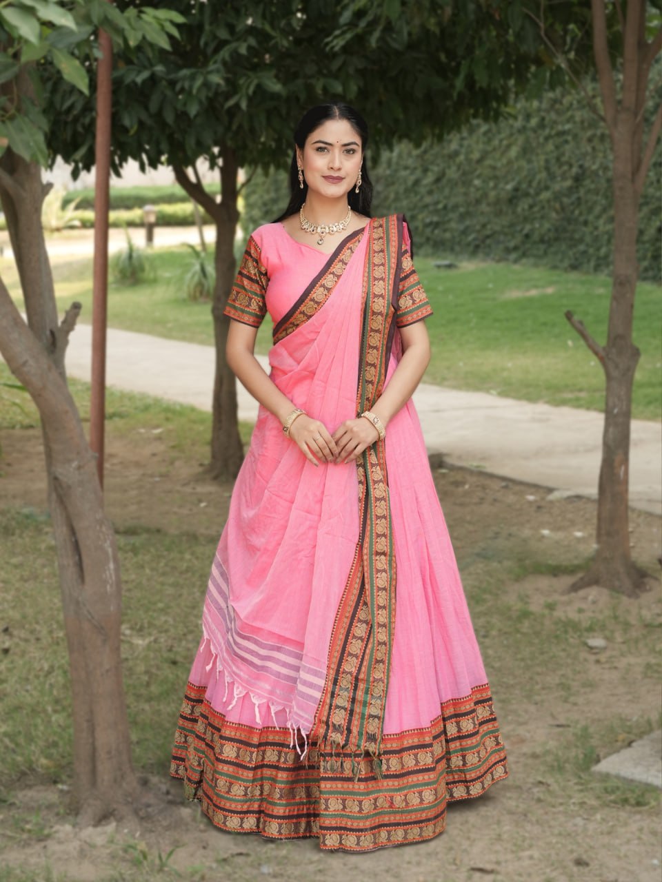 Classic Pink Pure Chanderi Cotton Hand Weaving Lehenga with Traditional Broad Border by The Beauty Queen Surat