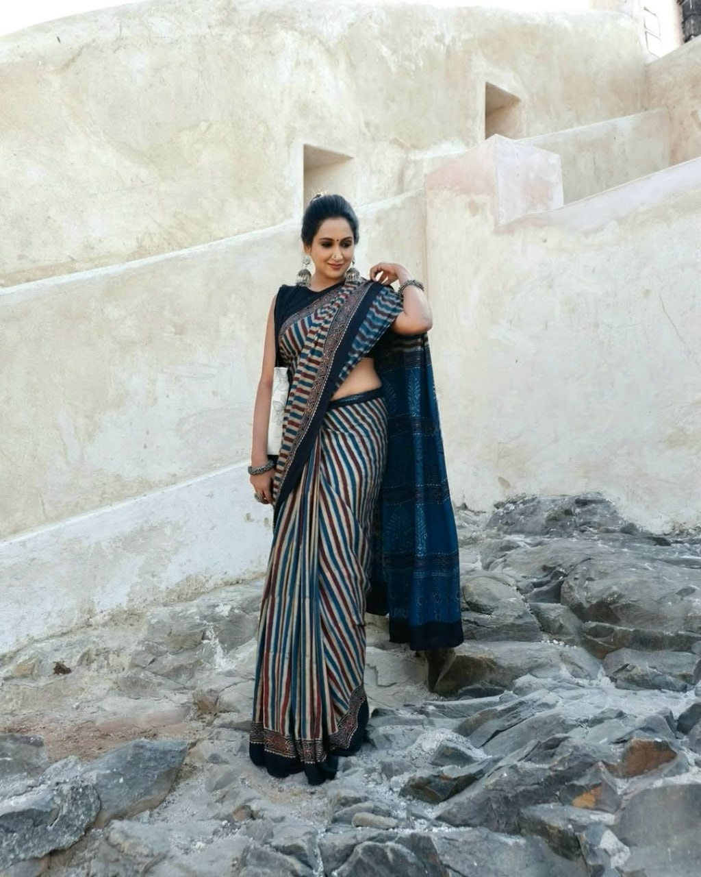 Black Semi Gajji  Ajrakh Rich Pallu With Contrast Blouse Saree