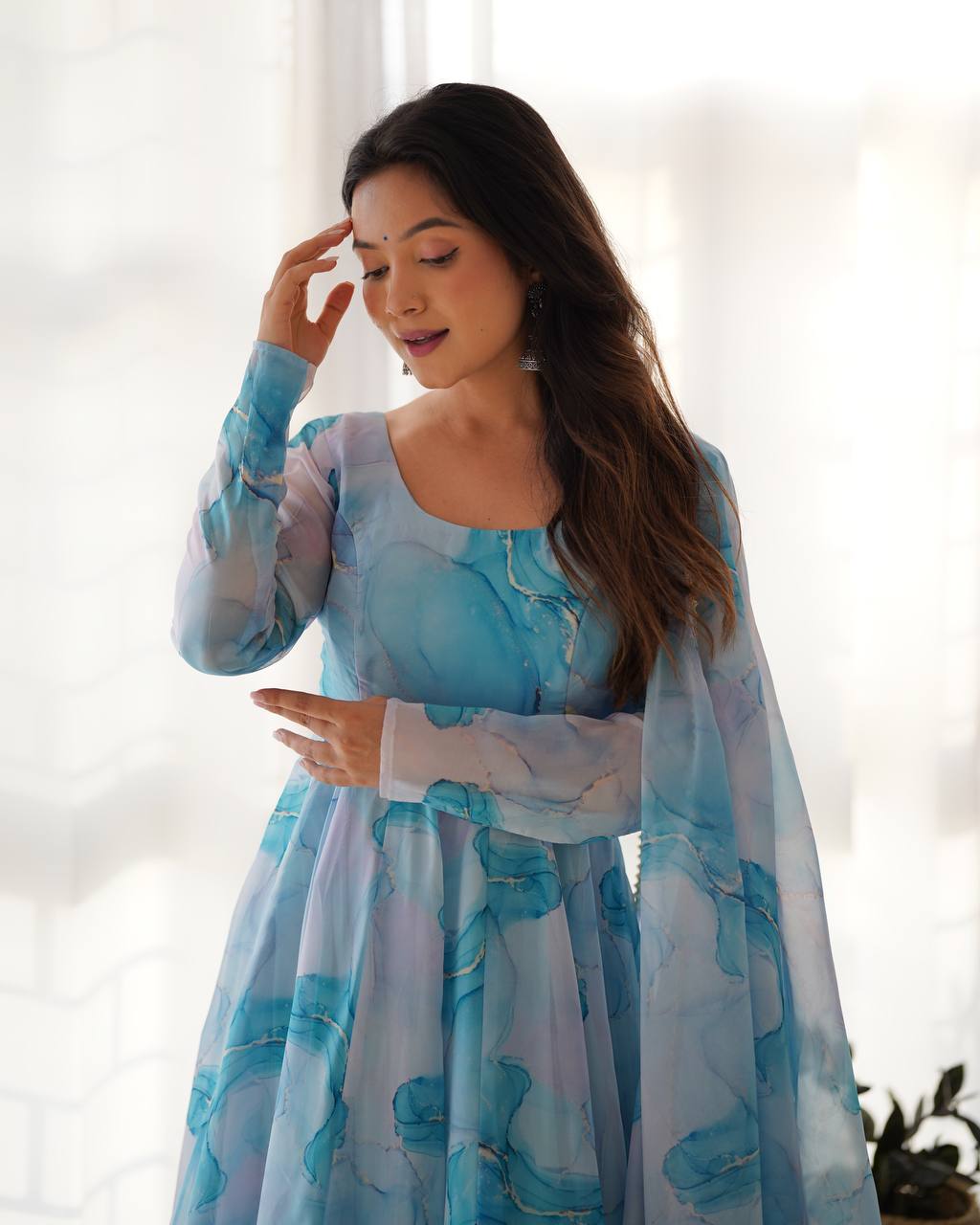 Sky Blue Heavy Pure Soft Organza Silk Marble Print Salwar Suit