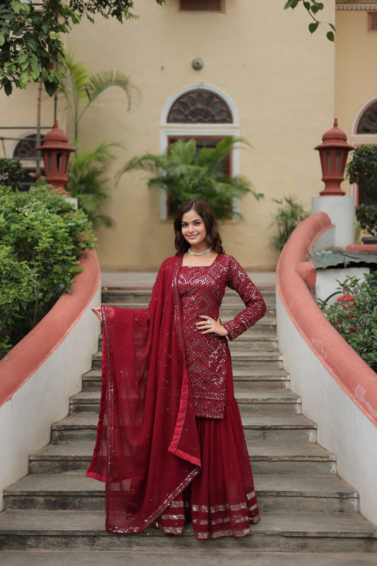 Maroon Faux Georgette With Sequins Thread Embroidered Work Sharara