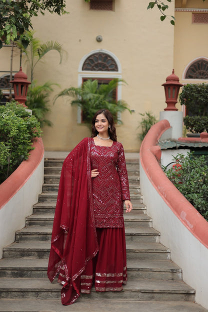 Maroon Faux Georgette With Sequins Thread Embroidered Work Sharara