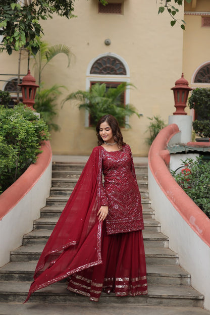 Maroon Faux Georgette With Sequins Thread Embroidered Work Sharara