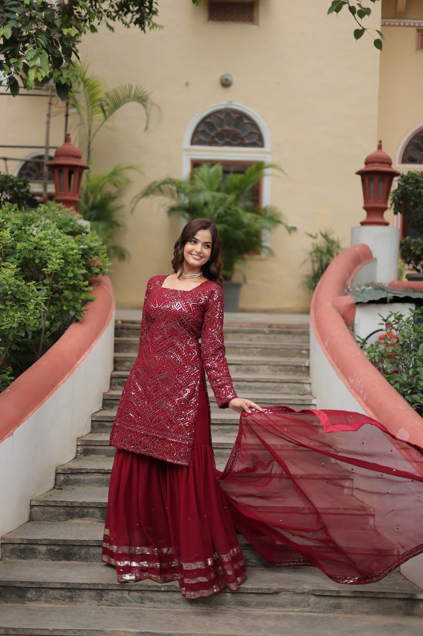 Maroon Faux Georgette With Sequins Thread Embroidered Work Sharara