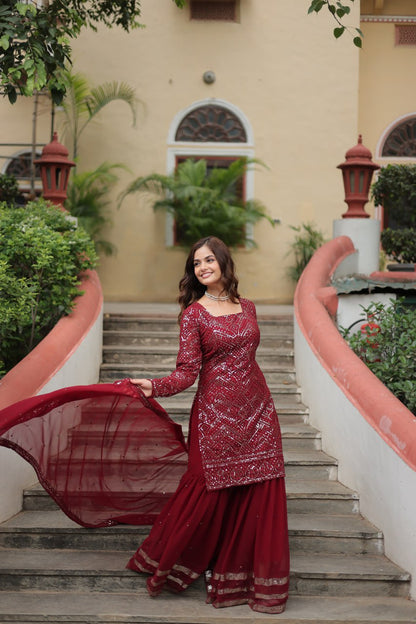 Maroon Faux Georgette With Sequins Thread Embroidered Work Sharara