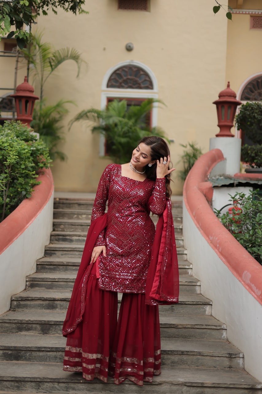 Maroon Faux Georgette With Sequins Thread Embroidered Work Sharara