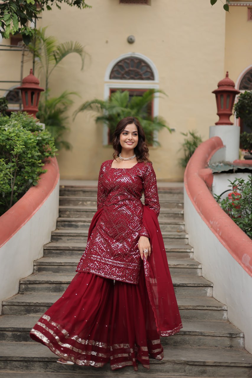 Maroon Faux Georgette With Sequins Thread Embroidered Work Sharara