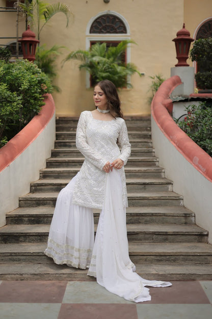 White Faux Georgette With Sequins Thread Embroidered Work Sharara