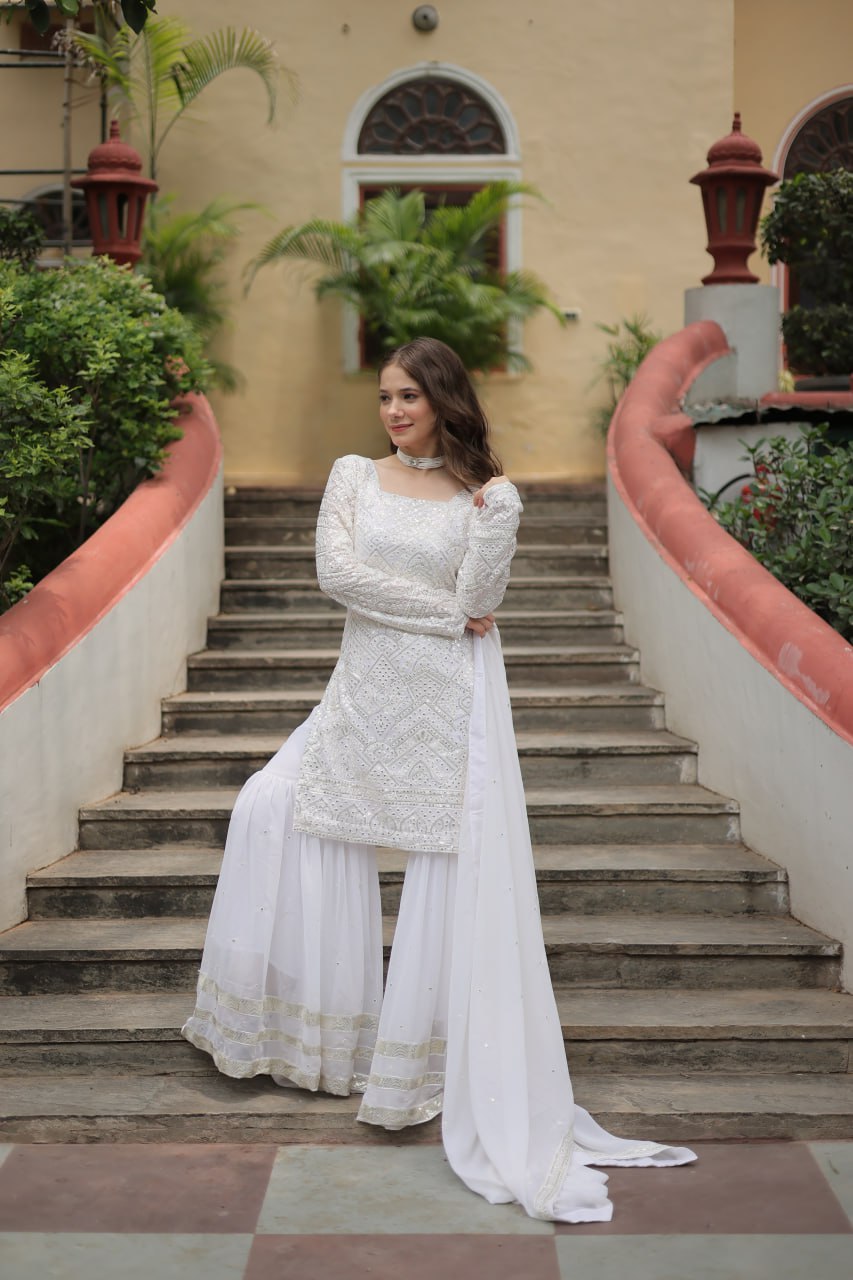 White Faux Georgette With Sequins Thread Embroidered Work Sharara